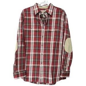 L.L. Bean Flannel Button Down Shirt Elbow Patches Plaid Medium Fall Outdoors